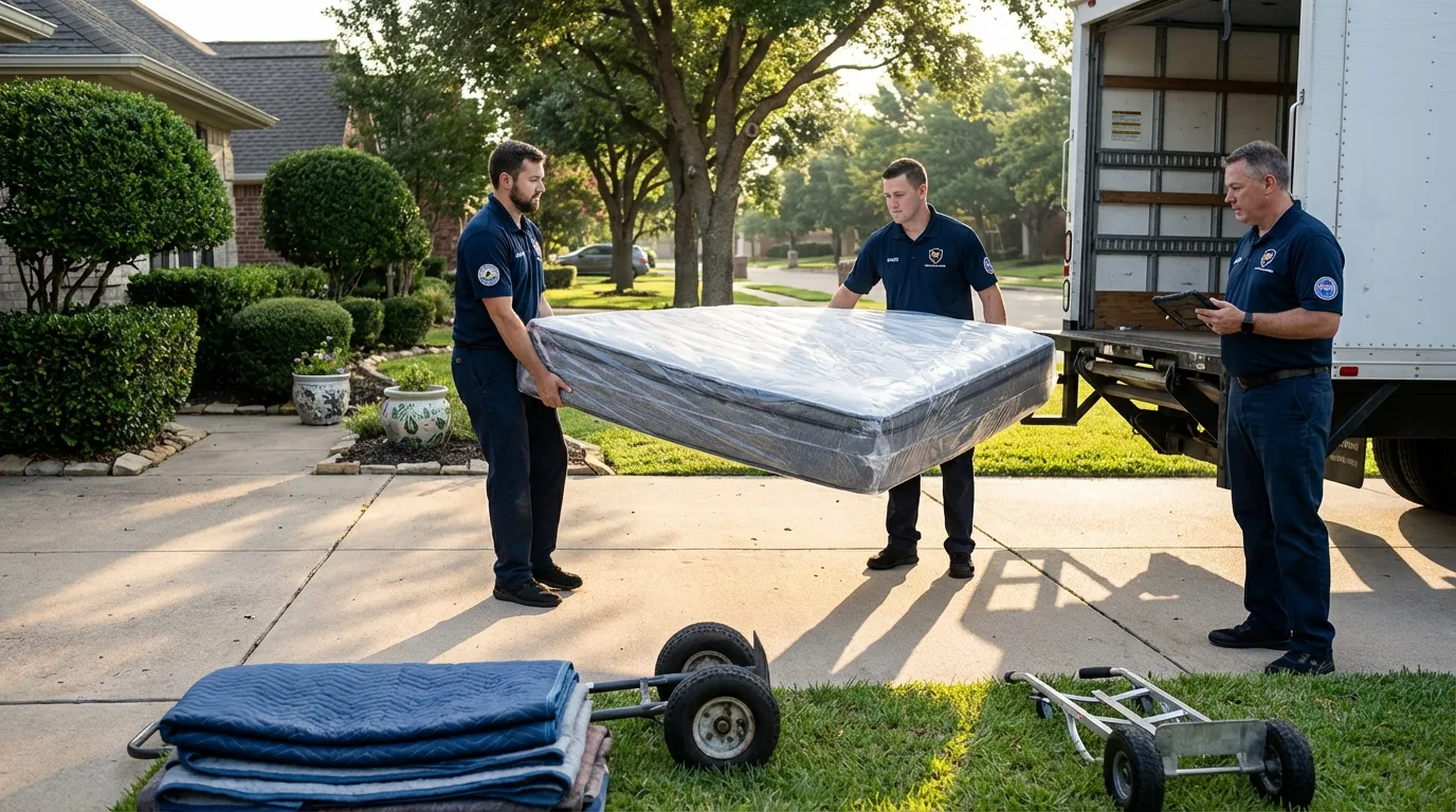 CamelBack crew loading padded residential furniture into moving truck on suburban driveway in New Jersey